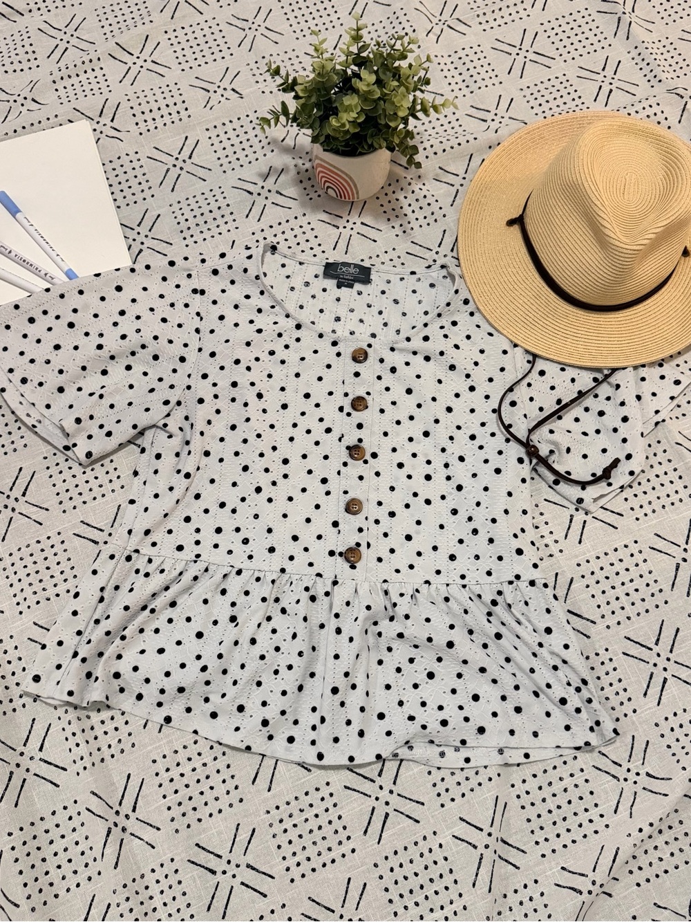 Elle White Polka Dot Peplum Button-Up Top
